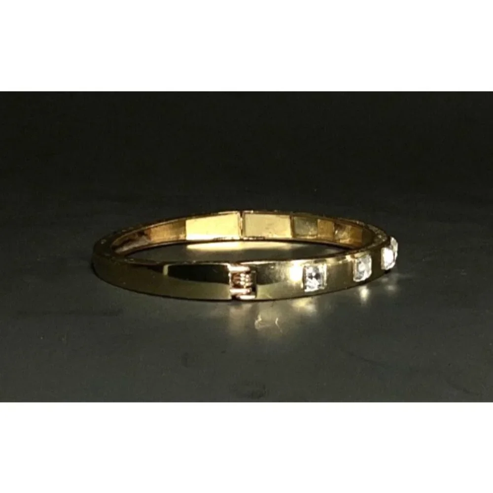 Gold Tone Hinged Metal Clamper Bangle Bracelet with Rhinestones - Picture 6 of 7